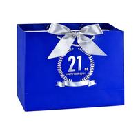 Yiran Sac cadeau d'anniversaire 21e anniversaire avec poignées et ruban pour emballage cadeau pour homme, grand sac à main bleu et argenté, sacs cadeaux en papier, décorations de fête d'anniversaire