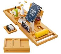 Yirilan Plateau de baignoire pliable en bambou - Plateau de baignoire rétractable et réglable - Planche de bain multifonction avec serre-livres, porte-savon, porte-serviettes et porte-verres à vin