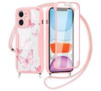 Yirlbey 360 Degré Coque pour iPhone 12 6,1" avec Cordon, Aesthetic Butterfly Motif Housse Transparente Silicone Fille Etui avec Corde Lanyard Réglable Antichoc Case avec Protecteur d'écran, Rose