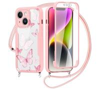 Yirlbey 360 Degré Coque pour iPhone 14 6,1" avec Cordon, Aesthetic Butterfly Motif Housse Transparente Silicone Fille Etui avec Corde Lanyard Réglable Antichoc Case avec Protecteur d'écran, Rose
