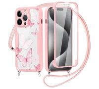 Yirlbey 360 Degré Coque pour iPhone 15 Pro Max 6,7" avec Cordon, Aesthetic Butterfly Motif Housse Transparente Silicone Etui avec Corde Lanyard Réglable Antichoc Case avec Protecteur d'écran, Rose