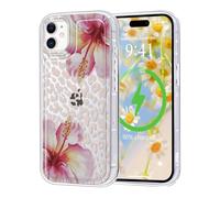 Yirlbey Brillant Coque pour iPhone 11 Léopard, Aesthetic Motif Fleur Hibiscus Design pour Filles Étui, Transparente Glitter Silicone Anti-Jaunissement PC Housse Case Cover pour iPhone 11 6,1"