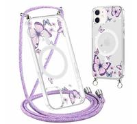Yirlbey Coque Handykette pour iPhone 11 avec Cordon, Compatible avec MagSafe, Transparent Silicone Étui avec Aesthetic Papillon Motif Case, PC Housse avec Réglable Lanyard pour iPhone11 6,1"