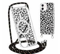 Yirlbey Coque Handykette pour iPhone 12/iPhone 12 Pro avec Cordon, Compatible avec MagSafe, Transparent Silicone Étui avec Aesthetic Léopard Noir Motif Case, PC Housse avec Lanyard pour iPhone12 6,1"