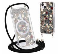 Yirlbey Coque Handykette pour iPhone 14/iPhone 13 avec Cordon, Compatible avec MagSafe, Aesthetic Fleur Motif Case, Transparent Silicone Étui Housse avec Réglable Lanyard pour iPhone13 6,1",Bleues