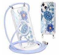 Yirlbey Coque Handykette pour iPhone 14/iPhone 13 avec Cordon, Compatible avec MagSafe, Aesthetic Fleur Motif Case, Transparent Silicone Étui Housse avec Réglable Lanyard pour iPhone13 6,1" Cover,Rosa