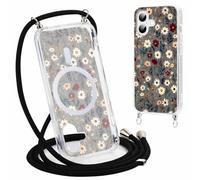 Yirlbey Coque Handykette pour iPhone 16 avec Cordon, Compatible avec MagSafe, Aesthetic Fleur Motif Case, Transparent Silicone Étui Housse avec Réglable Lanyard pour iPhone16 6,1" Cover,Bleues