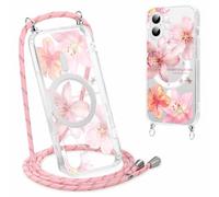 Yirlbey Coque Handykette pour iPhone 16 avec Cordon, Compatible avec MagSafe, Aesthetic Fleur Motif Case, Transparent Silicone Étui Housse avec Réglable Lanyard pour iPhone16 6,1",Coquillage