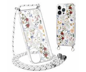 Yirlbey Coque Handykette pour iPhone 16 Pro avec Cordon, Compatible avec MagSafe, Transparent Silicone Étui avec Aesthetic Fleur Motif Case, Housse avec Réglable Lanyard pour iPhone 16Pro 6,3",couleur