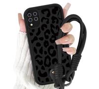 Yirlbey Coque pour Samsung Galaxy A12 / A12 Nacho 4G avec Cordon de Bracelet, Silicone Étui avec Aesthetic Noir Léopard Motif Design, Housse avec Lanyard Cover Case pour Samsung A12 6,5", Vache