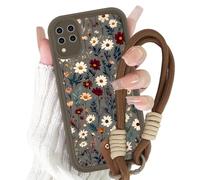 Yirlbey Coque pour Samsung Galaxy A12 / A12 Nacho 4G avec Cordon de Bracelet, Silicone Étui avec Aesthetic Fleur Motif Flower Design, Housse avec Lanyard Cover Case pour Samsung A12 6,5", Brun