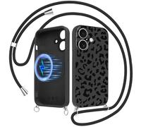Yirlbey Magnétique Coque Handykette pour iPhone 16 Léopard avec Cordon, Compatible avec MagSafe Étui, Aesthetic Noir Hiver Motif Case, Silicone Housse avec Réglable Lanyard pour iPhone16 6,1"