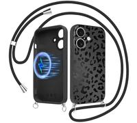 Yirlbey Magnétique Coque Handykette pour iPhone 17 Léopard avec Cordon, Compatible avec MagSafe Étui, Aesthetic Noir Hiver Motif Case, Silicone Housse avec Réglable Lanyard pour iPhone 17 6,3"
