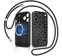 Yirlbey Magnétique Coque Handykette pour iPhone 17 Pro Léopard avec Cordon, Compatible avec MagSafe Étui, Aesthetic Noir Hiver Motif Case, Silicone Housse avec Réglable Lanyard pour iPhone 17Pro 6,3"