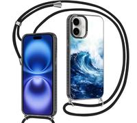Yirlbey Transparent Coque Handykette pour iPhone 16 avec Cordon, Aesthetic Fleur Océans Motif Dessin Case, Silicone Étui PC Housse avec Réglable Lanyard Protection pour iPhone16 6,1", Summer