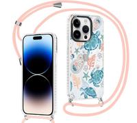 Yirlbey Transparent Coque Handykette pour iPhone 16 Pro Max avec Cordon, Aesthetic Fleur Océans Motif Dessin Case, Silicone Étui PC Housse avec Réglable Lanyard pour iPhone 16 Pro Max 6,9", Rosa