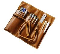 YISENJEE Pochette Stylo Plume Trousses À Crayons en Cuir De Vachette Synthétique, avec Rideau De Séparation, Trousse Multifonctionnelle, Grande Capacité, Enroulable, Marron