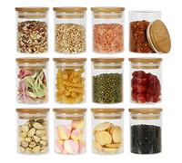 Yishik, Lot de 12 bocaux en verre borosilicate de 200 ml avec couvercles en bambou et joints en silicone pour aliments, épices, bonbons, thé, noix et collations (40 étiquettes en cadeau)