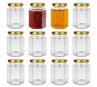 Yishik Lot de 12 bocaux hexagonaux en verre de 118 ml avec couvercles dorés pour confiture, épices, bonbons, aliments pour bébés, cadeaux de mariage ou bocaux d'artisanat