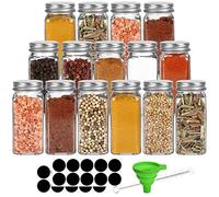 Yishik Lot de 15 pots à épices en verre de 120 ml avec bouchons argentés et couvercles shaker, 20 étiquettes, 1 entonnoir et 1 brosse pour le rangement de la cuisine