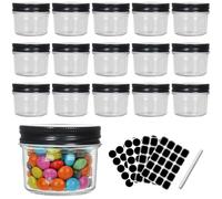 Yishik Lot de 16 bocaux Mason de 118 ml avec couvercles noirs hermétiques, petits bocaux de rangement en verre de 100 ml pour confitures, fruits, gelées, aliments pour bébés ou desserts faits à la