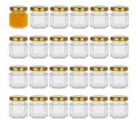 Yishik Lot de 24 bocaux à confiture hexagonaux en verre de 45 ml avec couvercles à vis dorés, pour confitures, fruits, noix, épices, gelées, aliments pour bébé ou desserts faits à la main