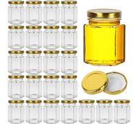 Yishik Lot de 24 petits bocaux hexagonaux en verre de 85 g avec couvercles dorés pour miel, épices, fruits, noix, aliments pour bébés, bonbons, cadeaux de fête ou travaux manuels