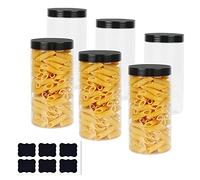 Yishik Lot de 6 bocaux ronds en plastique de 1000 ml avec couvercles noirs, boîtes de rangement hermétiques sans BPA pour pâtes/haricots/cookies
