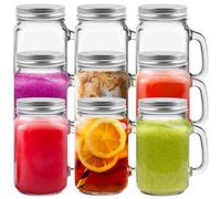 Yishik Lot de 9 bocaux Mason en verre de 473 ml avec couvercles, réutilisables avec poignée, bocaux en verre de 480 ml, tasses à bière pour smoothies, conserves, cocktails, cadeaux de fête