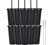 Yisituo Lot de 10 gobelets en plastique de 710 ml, avec couvercle et paille, pour adultes et enfants, réutilisables, parfaits pour les fêtes, la plage et les fêtes à la piscine (10, noir)