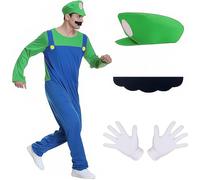 YISKY Déguisement Mario et Luigi pour Adulte, Deguisement Adulte Mario, Mario et Luigi Costume de Cosplay, Bonnet, Barbe, Gants, Costume de Carnaval Halloween Cosplay (Vert)