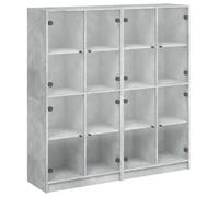 Yisssmeng Bibliothèque format portrait gris béton 136 x 37 x 142 cm avec portes en verre et 16 compartiments en bois dérivé du bois buffet moderne pour bureau, salon, chambre à coucher, couloir