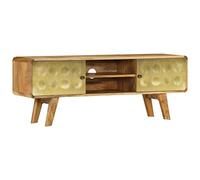 Yisssmeng Buffet TV bas en bois de manguier massif - 120 x 30 x 45 cm - Avec motif rétro doré - Banc TV stable pour salon, chambre à coucher, couloir