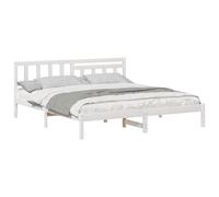 Yisssmeng Cadre de lit 200 x 200 cm avec tête de lit, lit en bois de pin massif, cadre de lit stable pour matelas de taille empereur, lit à plateforme avec sommier à lattes, blanc