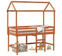 Yisssmeng Cadre de lit mezzanine 90 x 190 cm en pin massif avec garde-corps de protection et sommier à lattes, pour chambre d'adolescent et chambre d'amis, marron ciré