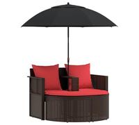 Yisssmeng Canapé de jardin avec parasol et tabouret, ensemble salon de jardin et terrasse en polyrotin avec coussins, salon d'extérieur 168 x 168 x 180 cm, marron et rouge