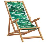 Yisssmeng Chaise de plage pliante en bois massif d'eucalyptus avec motif feuilles - 3 positions réglables - 61 x 127 x 95 cm - Avec coussin - Pour jardin, terrasse, balcon et détente en extérieur