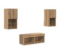 Yisssmeng Ensemble 4 Meubles TV Muraux Bois d'Ingénierie Coloris Chêne | Meuble de rangement suspendu doté d'étagères en verre et de portes battantes pour optimiser le salon.