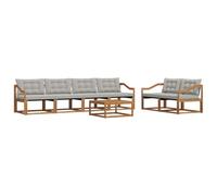 Yisssmeng Ensemble de meubles de jardin 7 pièces en bois d'acacia massif avec table et 6 modules de canapé, salon pour terrasse et jardin avec coussins, naturel et gris clair