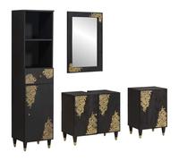 Yisssmeng Ensemble de meubles de salle de bain 4 pièces en bois de manguier massif, meuble sous lavabo, miroir et armoires, noir avec design doré, montage mural, design rustique pour salle de bain