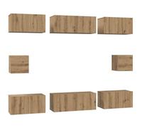 Yisssmeng Ensemble Meuble TV 8 Pcs Bois d'Ingénierie Chêne Artisanal | Rangement mural modulaire pour salon avec portes battantes et niches ouvertes coloris chêne.