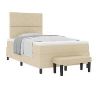 Yisssmeng Lit à sommier tapissier, 120 x 190 cm, crème, lit complet avec matelas, surmatelas et tête de lit réglable en hauteur, lit rembourré en tissu pour chambre à coucher, banc inclus