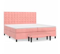 Yisssmeng Lit à sommier tapissier, 200 x 200 cm, velours rose, ensemble complet avec matelas à ressorts ensachés, surmatelas et banc, lit rembourré avec tête de lit réglable en hauteur