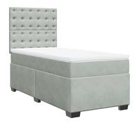 Yisssmeng Lit à sommier tapissier 90 x 190 cm avec matelas à ressorts ensachés et surmatelas, lit rembourré en velours gris clair avec tête de lit réglable en hauteur, cadre de lit simple pour chambre