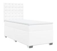 Yisssmeng Lit à sommier tapissier avec matelas et surmatelas 90 x 190 cm, lit rembourré en cuir synthétique blanc, lit simple avec tête de lit réglable en hauteur et matelas à ressorts ensachés