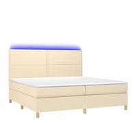 Yisssmeng Lit à sommier tapissier, crème, 200 x 200 cm, avec LED et deux matelas, moderne, en bois, tissu, pour chambre à coucher et chambre d'amis