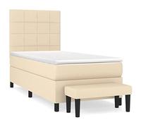 Yisssmeng Lit à sommier tapissier, crème, 90 x 190 cm, housse en tissu, tête de lit, réglable, lit simple, avec matelas à ressorts ensachés et banc, pour chambre à coucher, chambre d'adolescent