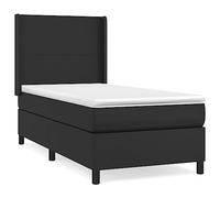 Yisssmeng Lit à sommier tapissier simple - Noir - 90 x 190 cm - En cuir synthétique - Matelas et surmatelas - Hauteur réglable de 118 à 128 cm - Bois de mélèze véritable - Moderne - Pour chambre
