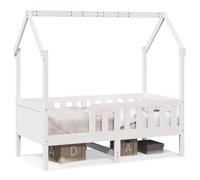 Yisssmeng Lit de maison 80 x 160 cm, blanc, lit de jeu en pin massif, cadre de lit stable avec sommier à lattes et grille latérale, lit pour adolescent, cadre en bois avec toit ouvert