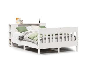 Yisssmeng Lit en bois massif - 140 x 190 cm - Blanc - Cadre de lit en pin avec tête de lit, bibliothèque et sommier à lattes - Lit double en bois avec espace de rangement pour chambre à coucher